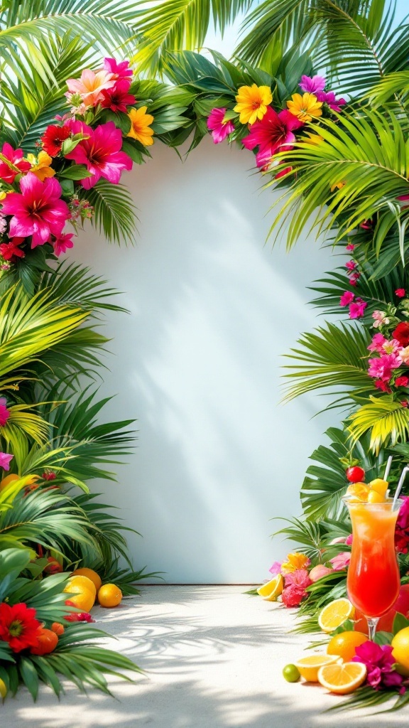 A tropical theme backdrop with colorful flowers, palm leaves, and a fruity cocktail.