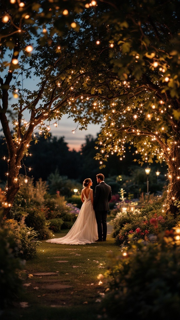 A couple standing under twinkling fairy lights in a garden, creating a romantic atmosphere.