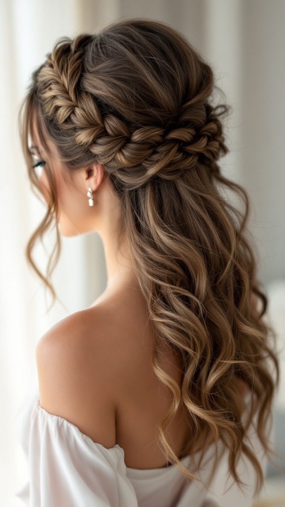 A beautiful twisted braid half updo hairstyle with loose curls, ideal for bridesmaids.