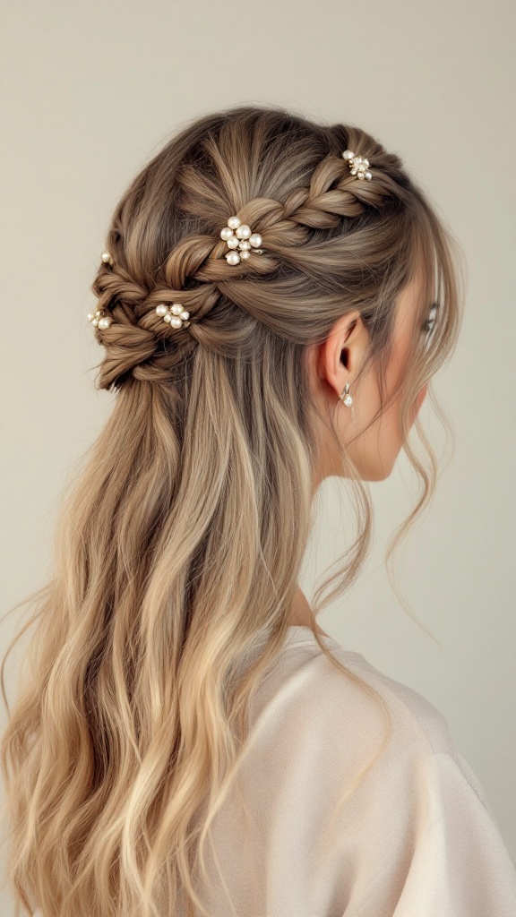 A woman with twisted braids adorned with pearl hairpins, showcasing a half-up half-down hairstyle.