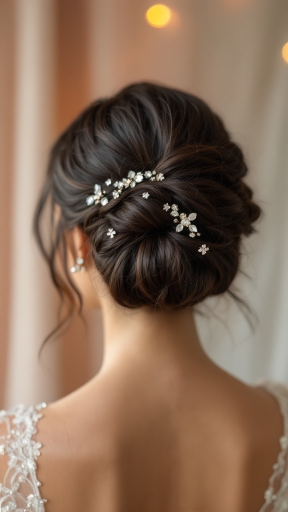 A woman with medium-length hair styled in a twisted bun, adorned with crystal accents, showcasing elegance and beauty.