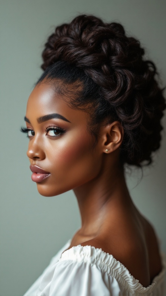 A close-up image of a woman with a twisted bun hairstyle, showcasing natural hair.