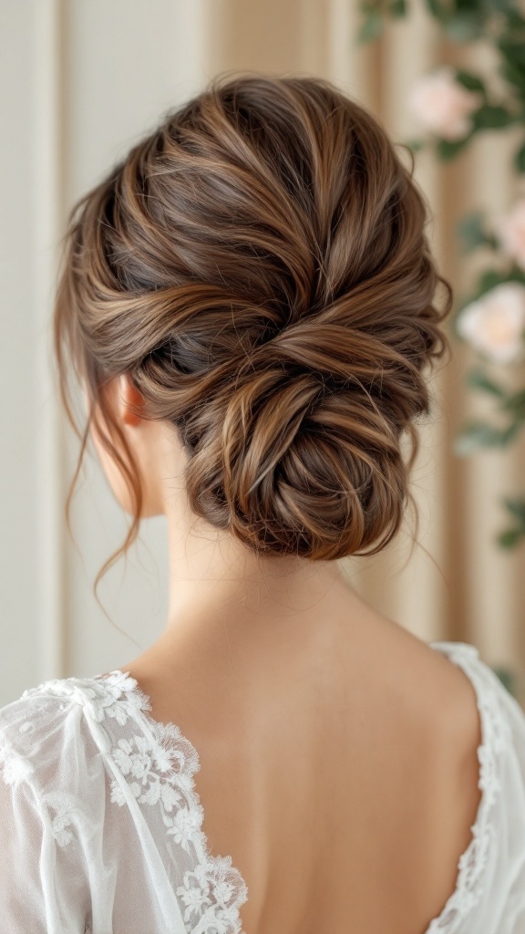 A twisted chignon hairstyle with soft volume for fine hair, styled elegantly.