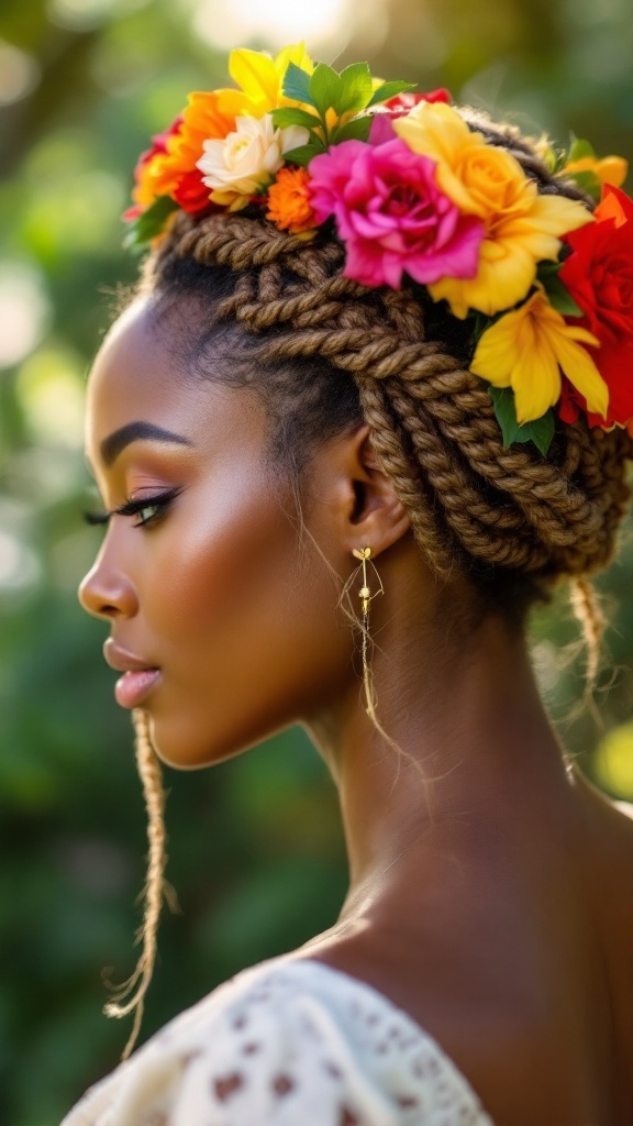 A woman with a twisted crochet crown adorned with colorful flowers, showcasing an elegant and festive hairstyle.