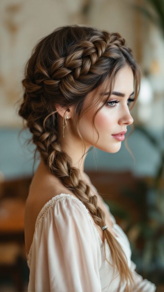 A woman with a twisted crown braid hairstyle, wearing a light-colored top, showcasing elegance.