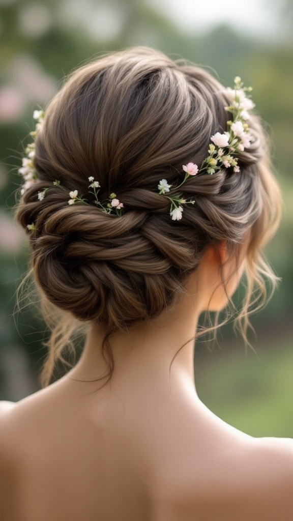 A beautiful twisted crown updo hairstyle adorned with delicate flowers, showcasing natural hair.