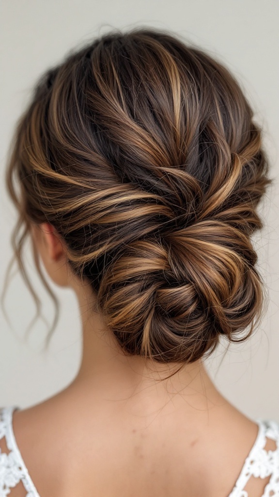 A bride with a twisted curly bun hairstyle, showcasing elegant curls and loose tendrils.