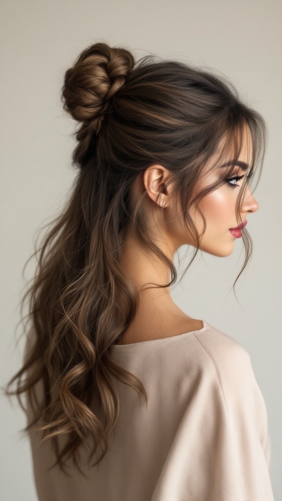 A woman with a twisted half-up bun hairstyle, featuring loose waves cascading down her shoulders.