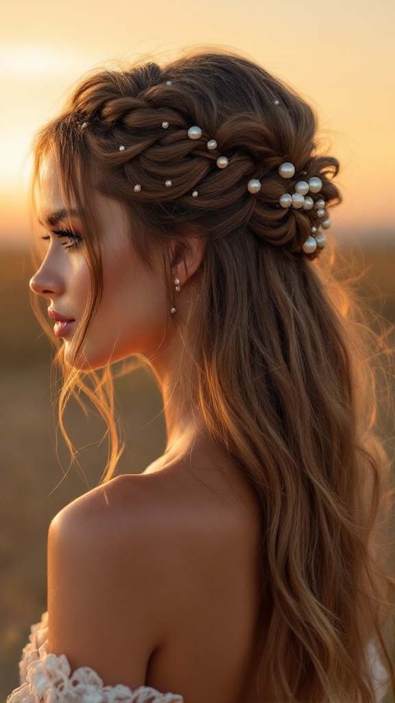 A woman with twisted half-up hairstyle adorned with pearl accents, showcasing elegant waves in a sunset backdrop