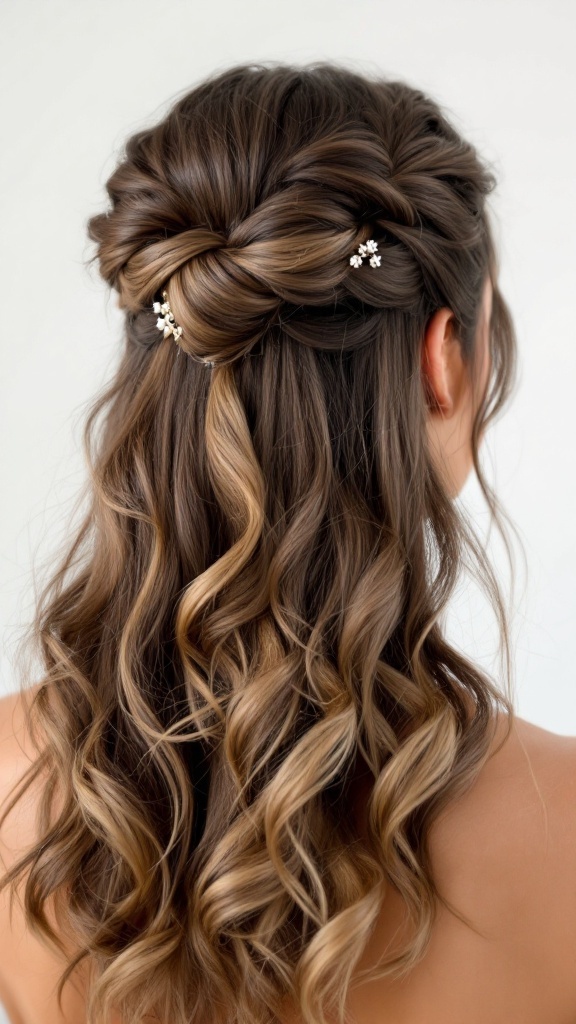 A woman with a twisted half-updo hairstyle adorned with floral hairpins and loose curls.