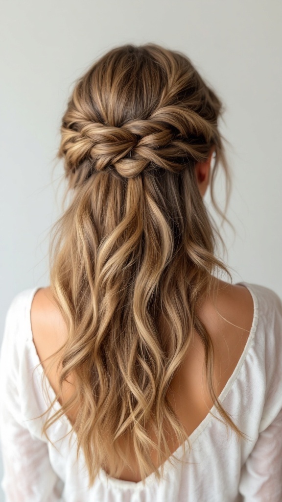 A beautiful twisted half up hairstyle with soft waves, exuding boho vibes.
