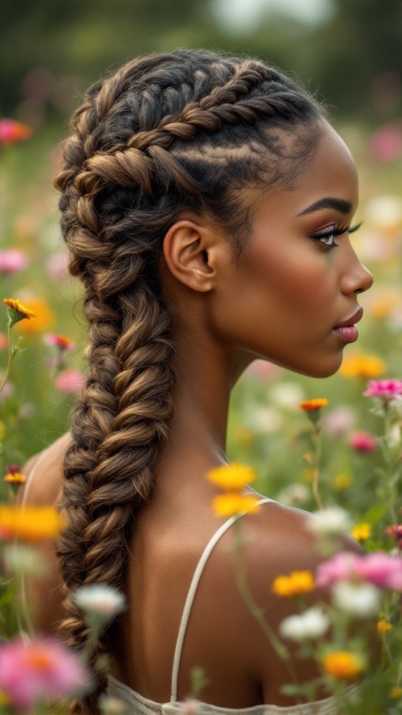 A woman with long hair styled in a Twisted Halo Braid, surrounded by colorful flowers.