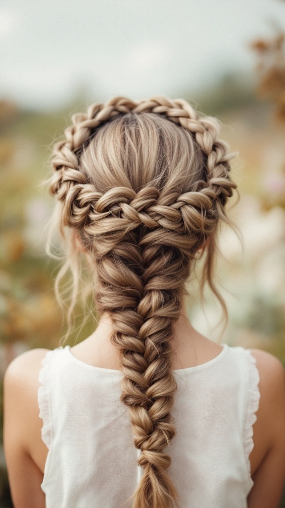 A beautiful Twisted Halo Braid hairstyle, featuring elegant braids wrapped around the head with loose waves falling down the back.