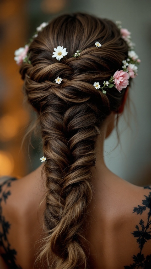 A Twisted Halo Braid hairstyle adorned with flowers, showcasing an elegant and romantic look.