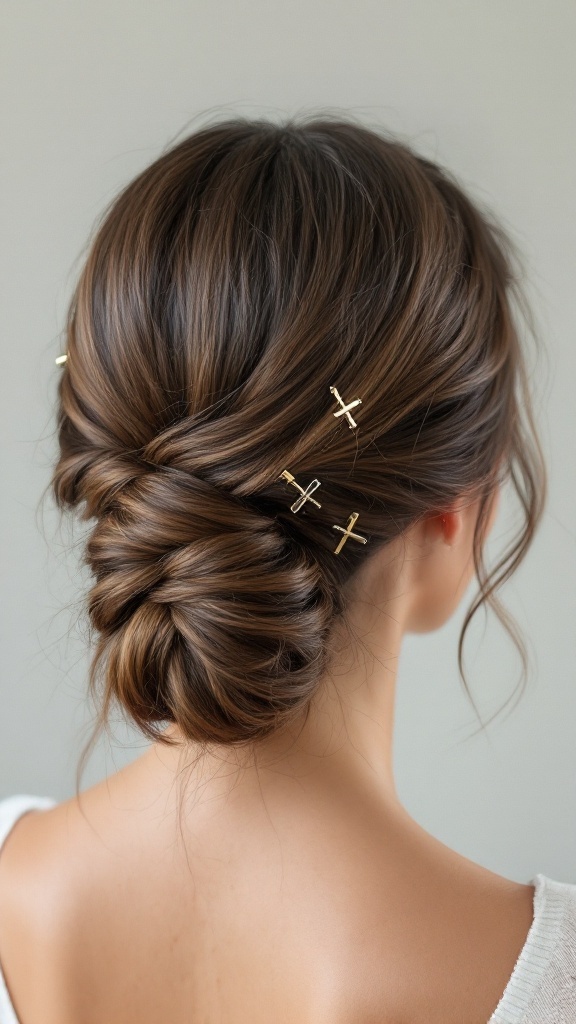 A back view of a twisted low chignon hairstyle with gold hairpins.