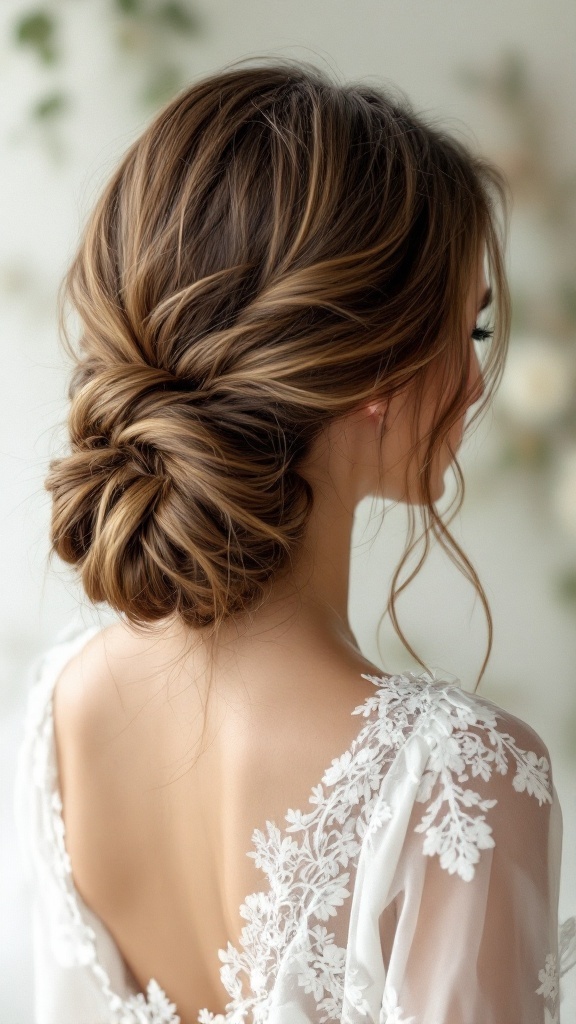 A twisted low chignon hairstyle for bridesmaids with long hair.