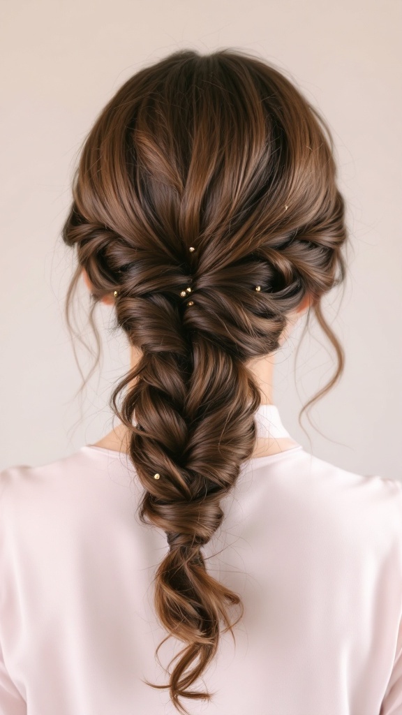 A twisted low ponytail hairstyle with gold accents, showcasing intricate twists and a polished look.