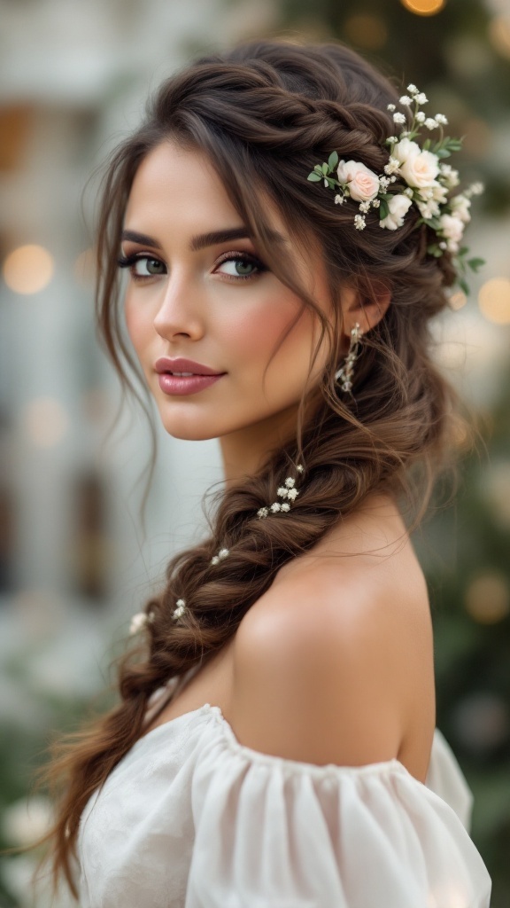 A woman with long hair styled in a twisted side braid adorned with flowers