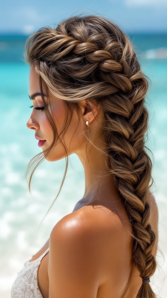 A woman with a twisted side braid hairstyle at the beach with ocean in the background.
