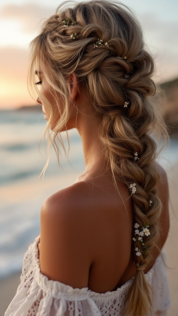 A side view of a woman with a twisted side braid adorned with flowers, standing by the beach during sunset.