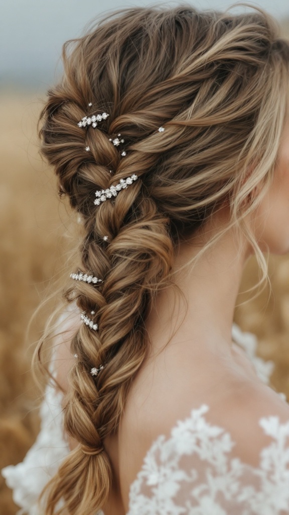 A beautifully styled twisted side ponytail with decorative hair accessories.