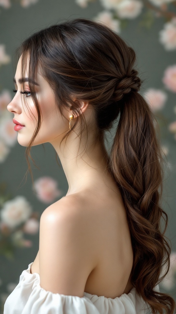 A woman with a twisted side ponytail hairstyle, showcasing long, wavy hair styled elegantly.