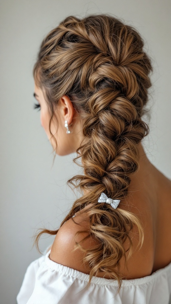 A stylish twisted side ponytail hairstyle for curly hair, featuring curls twisted into a side ponytail secured with a bow.