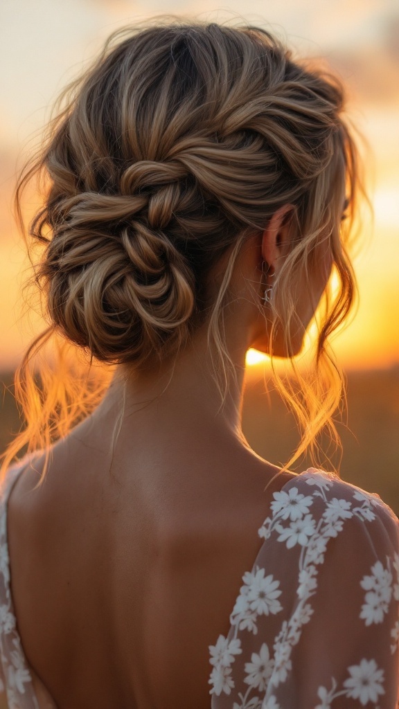 A twisted side updo hairstyle on medium-length hair with loose strands framing the face, set against a sunset backdrop.