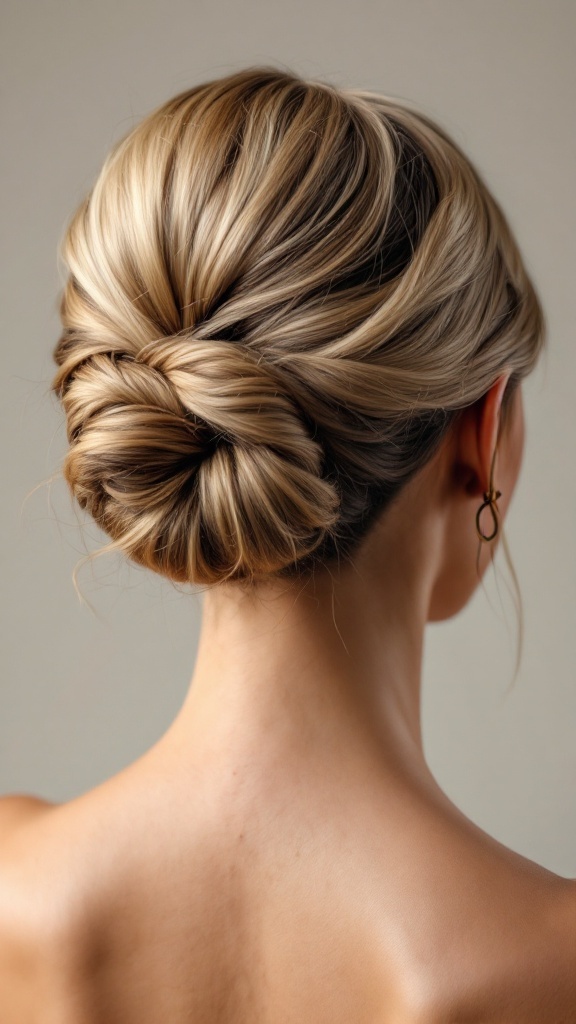 A woman with a twisted updo hairstyle secured with a claw clip, showcasing a chic and elegant look.