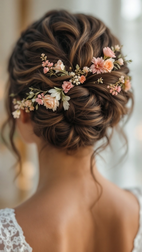 Twisted updo hairstyle with floral embellishments for bridesmaids
