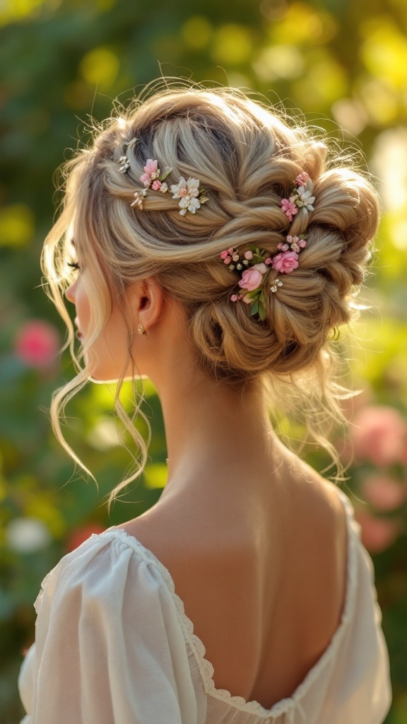 A beautiful twisted updo hairstyle decorated with flowers, perfect for summer.