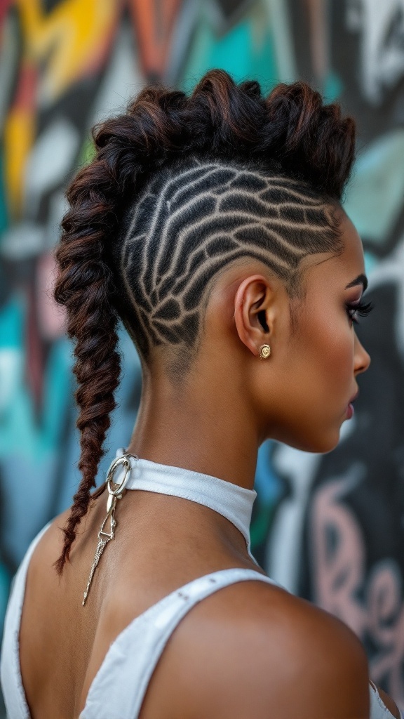 A stylish undercut with a spider web design shaved into the side of the head, featuring a mohawk hairstyle.