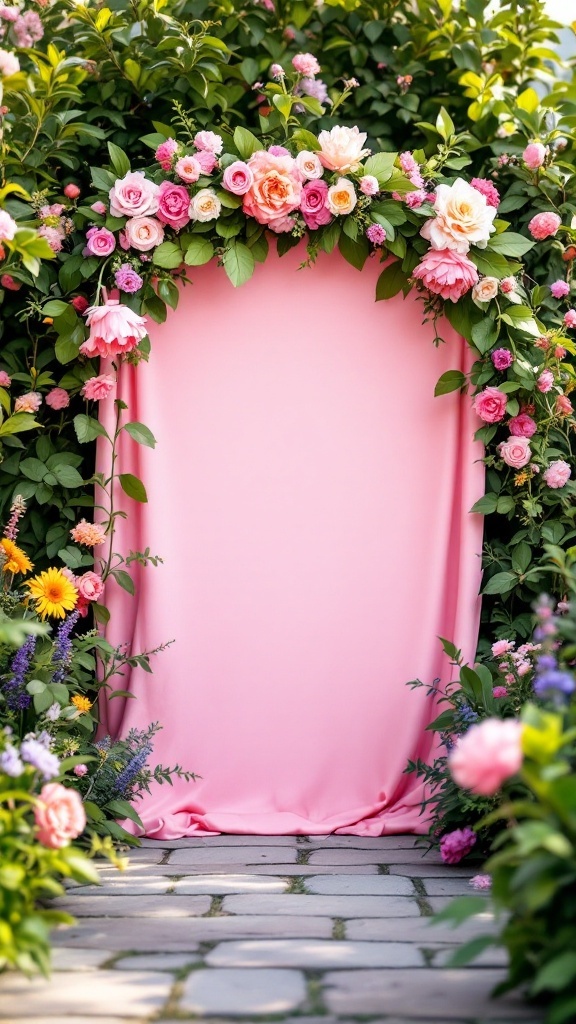A pink backdrop adorned with flowers in a lush garden setting, perfect for a wedding photo booth.