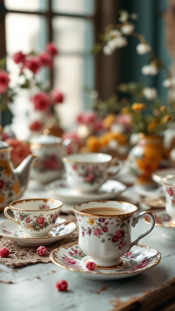 A beautiful display of floral tea cups and saucers with soft lighting and flowers in the background.