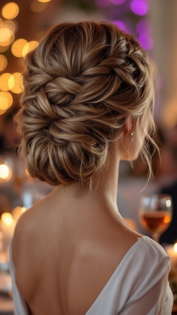 A sophisticated braided updo hairstyle, showcasing intricate braids and a stylish appearance.