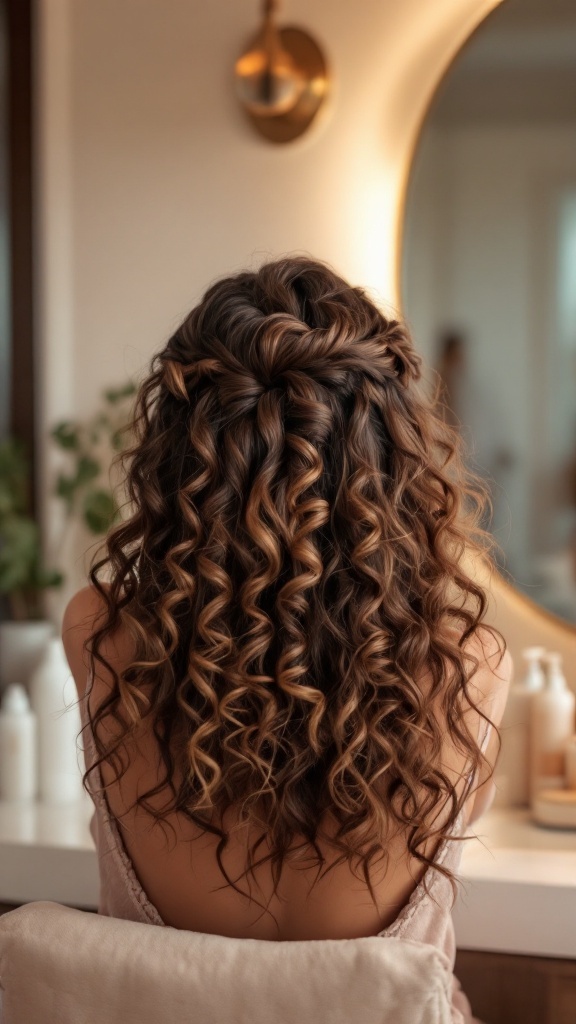 A woman with half up half down curly hair, showcasing well-defined curls and a playful style.