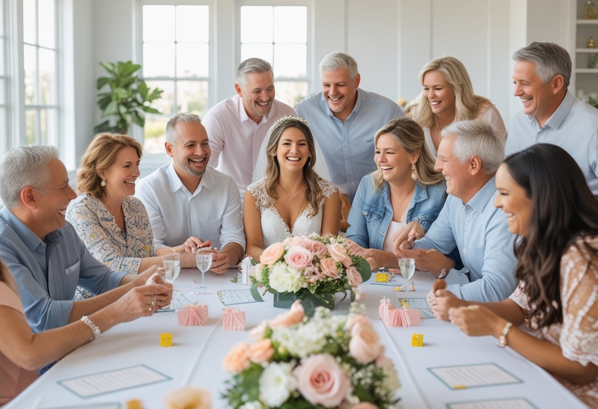 A couple and their friends playing bridal shower games around a decorated table, smiling and enjoying the celebration.