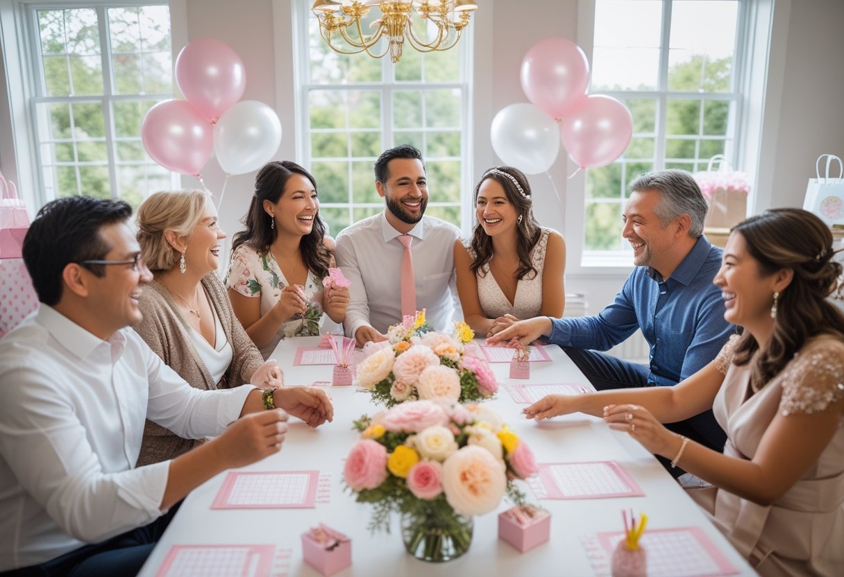 A couple and their friends happily playing bridal shower games around a decorated table indoors.