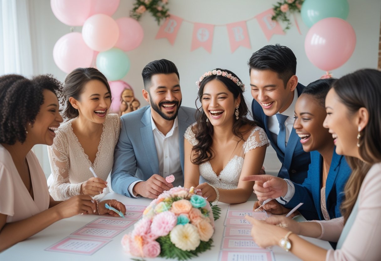 A group of people playing bridal shower games around a decorated table, smiling and enjoying the celebration.
