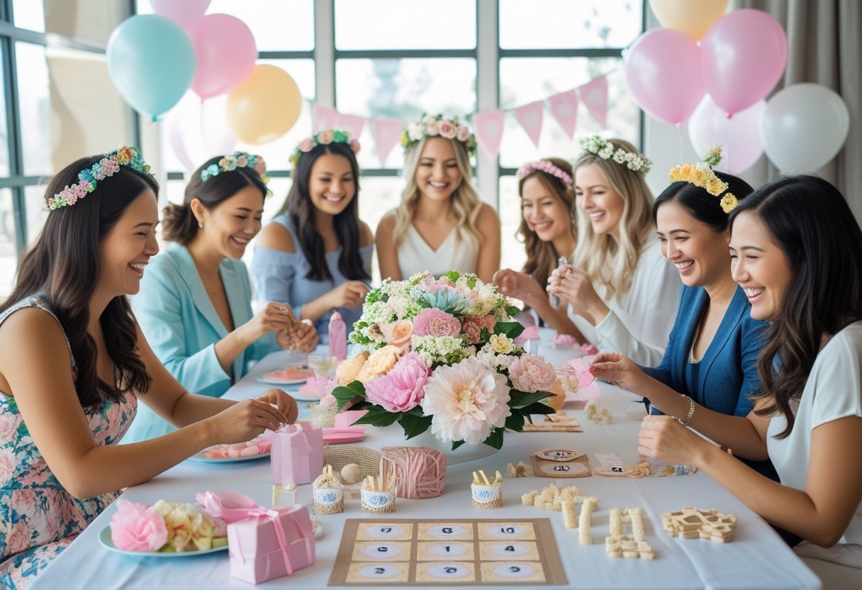 A group of women enjoying unique bridal shower games around a decorated table with flowers and balloons, smiling and interacting with game materials.