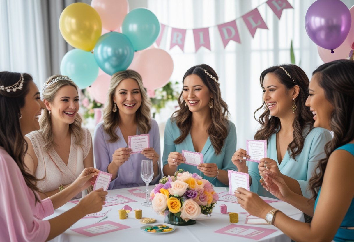 A group of women playing bridal shower games around a decorated table, smiling and enjoying the celebration.