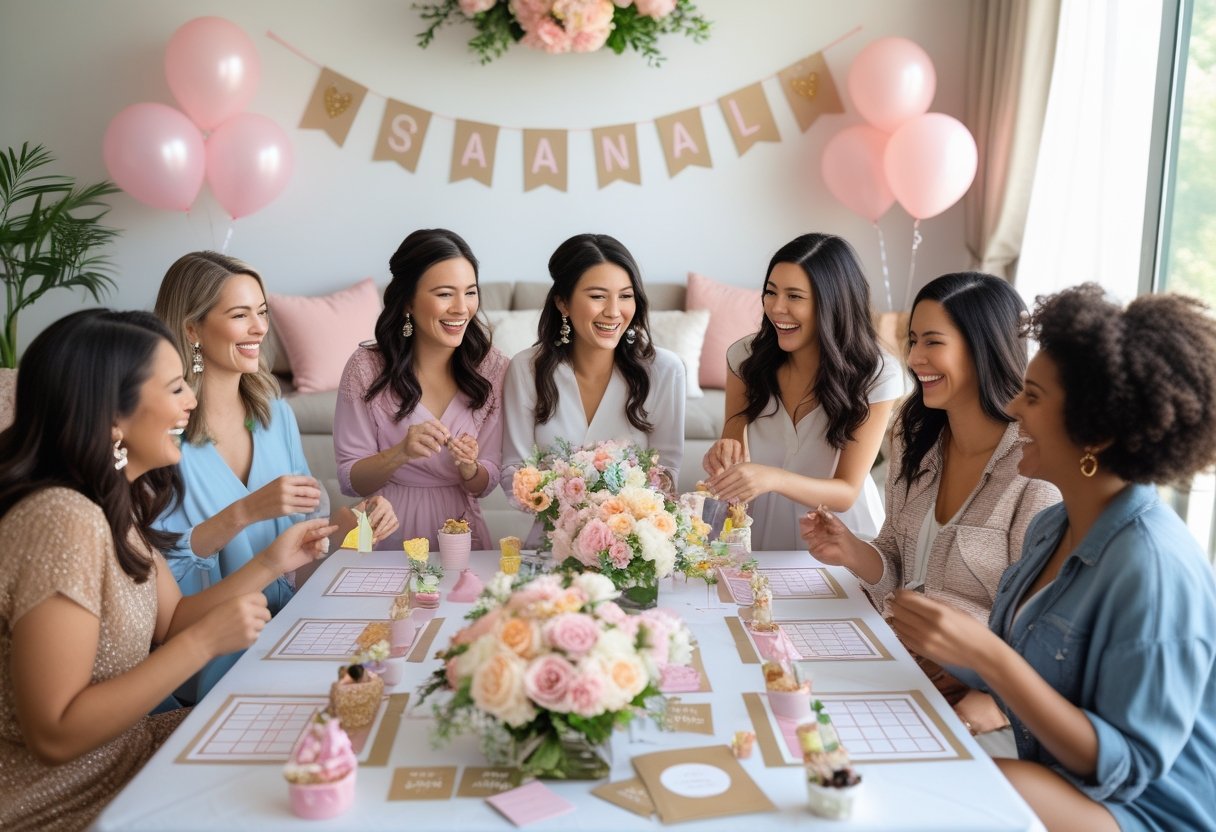 A group of women enjoying bridal shower games around a decorated table with flowers and pastel decorations in a bright room.