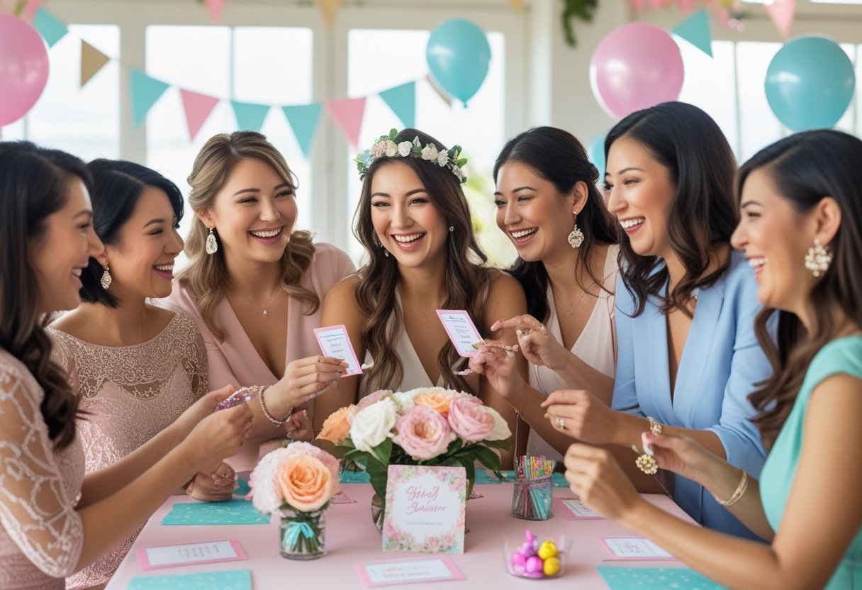 A group of women smiling and playing games around a decorated table at a bridal shower.