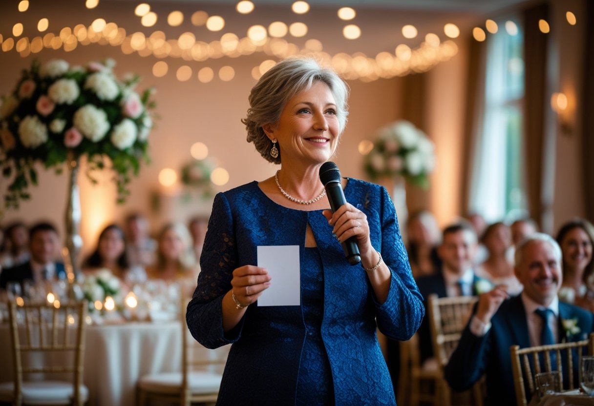 A woman giving a speech at a wedding reception while guests listen attentively.