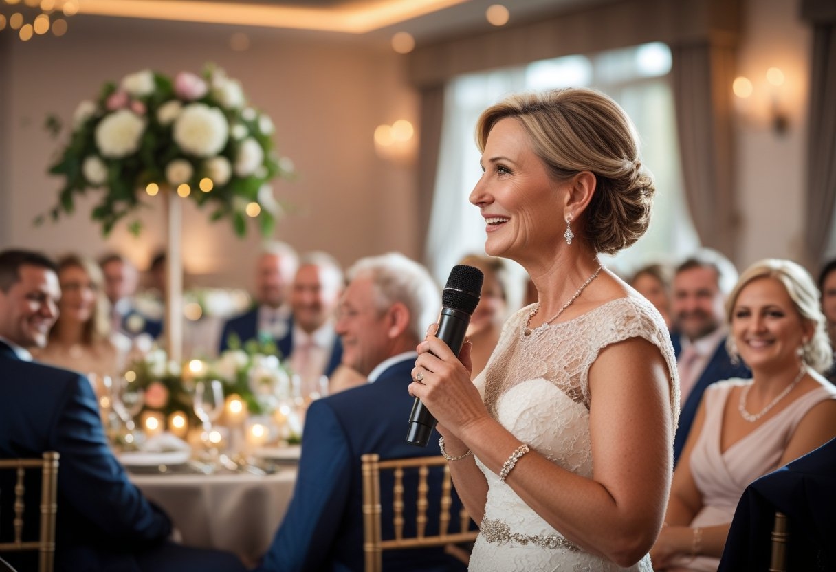 A middle-aged woman speaking at a microphone during a wedding reception with guests attentively listening in a decorated banquet hall.