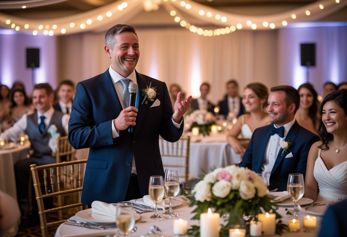 A man in a suit giving a speech at a wedding reception with guests seated at decorated tables listening attentively.