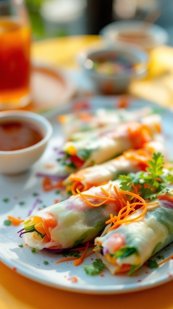 Plate of colorful vegetable spring rolls with dipping sauce on a yellow table