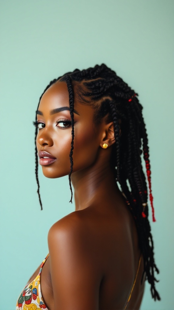 A woman with short braids styled with colorful accents, showcasing her features against a light background.