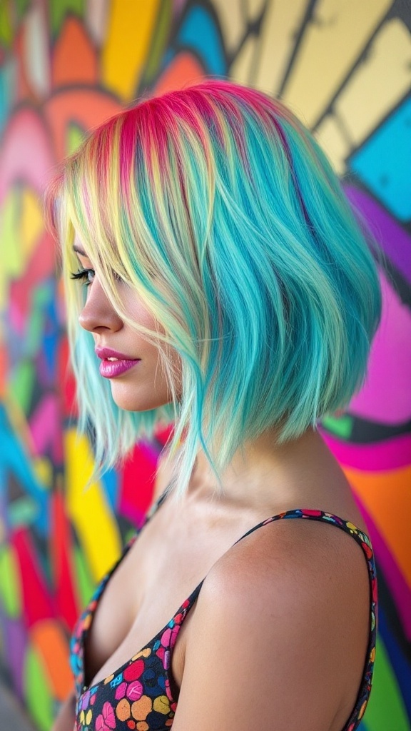 A woman with a vibrant bob hairstyle featuring pink, blue, and rainbow colors, standing against a colorful background.