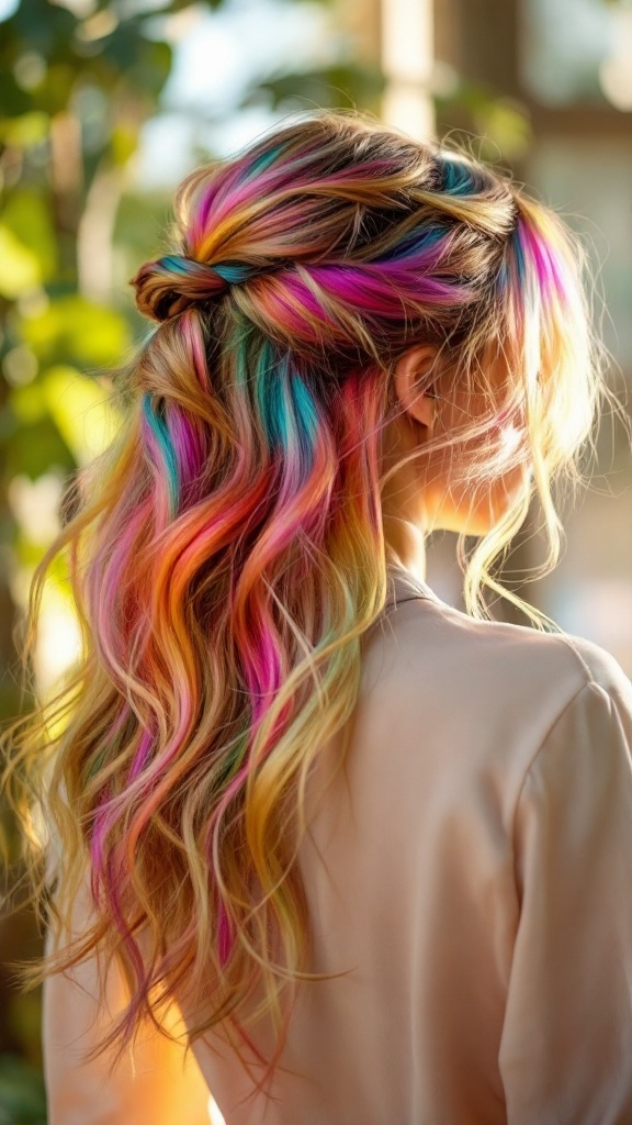 Vibrant half-up, half-down hairstyle with colorful highlights